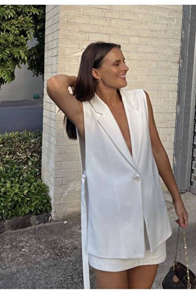 MAESTRO WOMAN Kadın Beyaz Yanları Yırtmaçlı Bağlama Detaylı Yelek