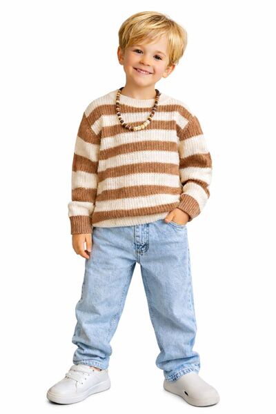 RAPAPA Set pentru băieți, pulover tricotat cu dungi maro ecru și pantaloni di...