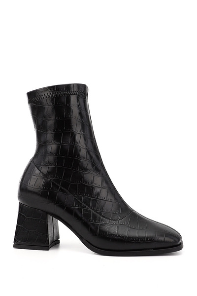 GÖNDERİ(R) Kadın Siyah Kroko Deri Görünümlü Kalın Topuklu Streç Bot