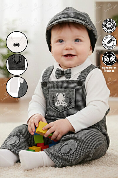 bebegen Papyonlu Ayıcık Desenli Gri Şapkalı Salopet Tulum 5284