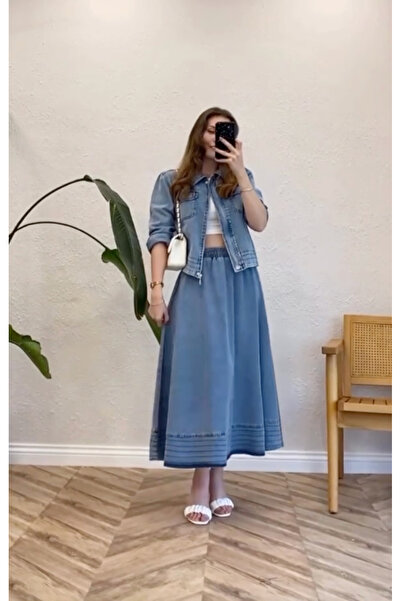 NERA GİYİM Kot Etek Ceket Takım Mavi