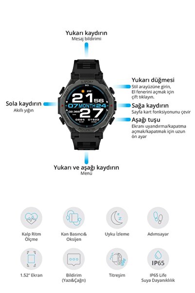 Piranha 9924 Akıllı Saat | 1.52" Ekran | Uyku Takibi | Kalp Ritmi | Adımsayar | IP65 Dayanıklılık