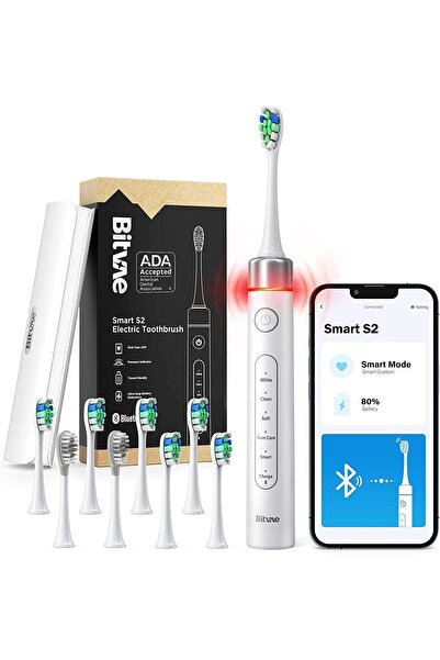 Bitvae فرشاة أسنان كهربائية ذكية S2، تحكم عبر تطبيق، 8 رؤوس، تبييض (أبيض)