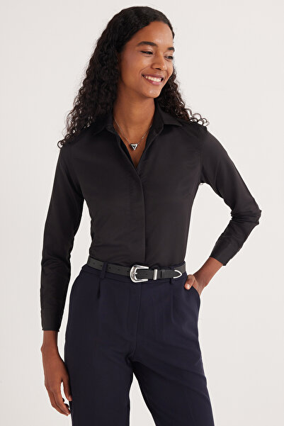 Tudors Дамска риза Slim Fit Slim Cut с дълъг ръкав и скрити копчета, черна, б...