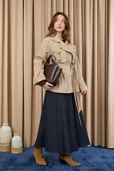 Soul Kadın Broş Detaylı Kısa Trench - 32405 - BEJ