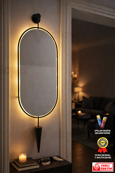 Wallover Design XL Boy Serenity Exclusive Siyah Konikli LEDLİ Ayna, İskandina...