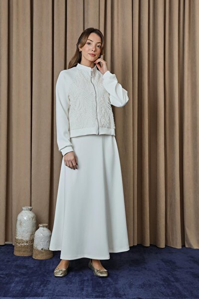 Puane Women's Lace Detailed Zippered Jacket Set - 14385Tks - Stone