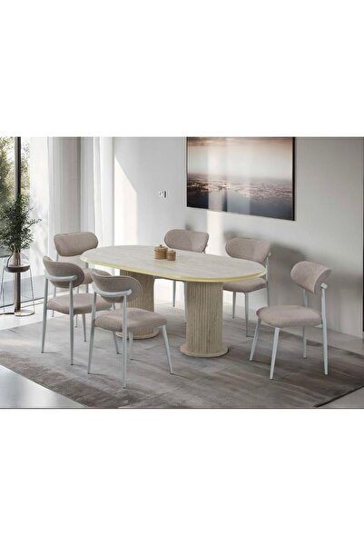 Kayı mobilya Traverten Yemek, Salon Masası Masa Kenarları Beyaz Ayakları Beya...
