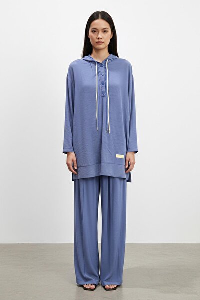 Puane Women's Snap Detailed Front Hooded Pants Set - 14328Tks - Indigo