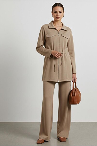 Puane Women's Zipper Detailed Lace-Up Modal Set-14433Tks - Beige