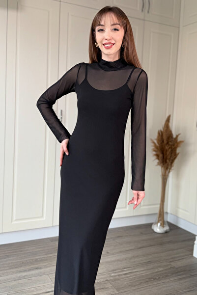 Dilay Gökoğlu Butik Κομψό μαύρο φόρεμα από τούλι με επένδυση και ψηλό γιακά