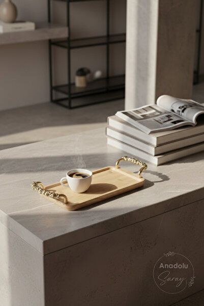 Anadolu Saray Altın Kulplu Ahşap Bambu Sunum Tepsisi – Kahve, Tatlı ve Şık Se...