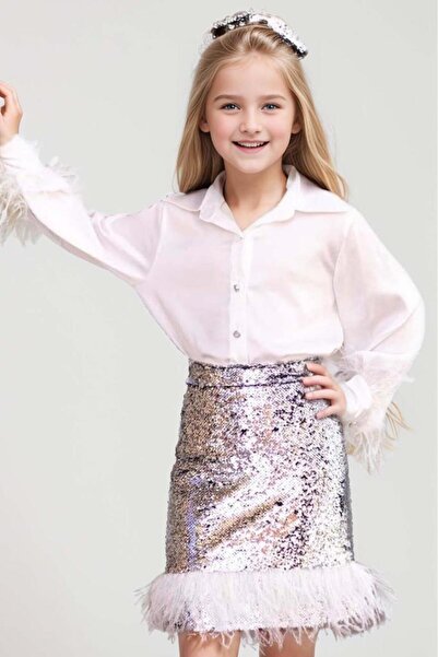 Riccotarz Костюм със сребриста пола за момиче с пайлетен детайл по краищата н...