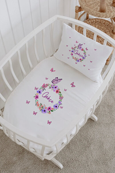 Lilabio İsme Özel %100 Pamuk Park Yatak Çarşaf Seti (100X120) Çiçek Ve Kelebe...