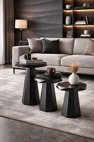 Simillo Home&Living Ahşap Mantar Sehpa 3’lü Siyah Masif Doğal Zigon ve Fiskos