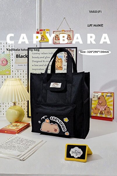 Ecrou Sleepy Capybara Printed Waterproof Fabric, Large Capacity Black Cloth Bag