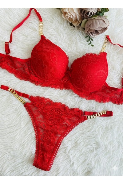 RUYAZ Červená krajková souprava s vyztuženou podprsenkou a kalhotkami se zlat...