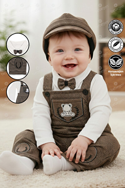 bebegen Bow-Tie Teddy Bear Patterned Brown Hat Salopet Jumpsuit 6158