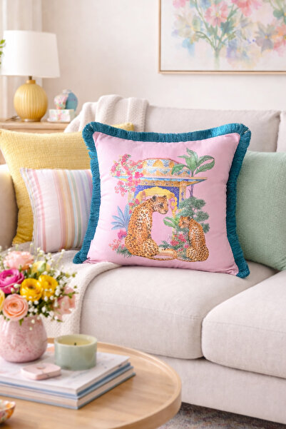 RİTMOHOME Leopar Desenli Püsküllü Vintage, Country, Iskandinav, Bohem 50x50 D...