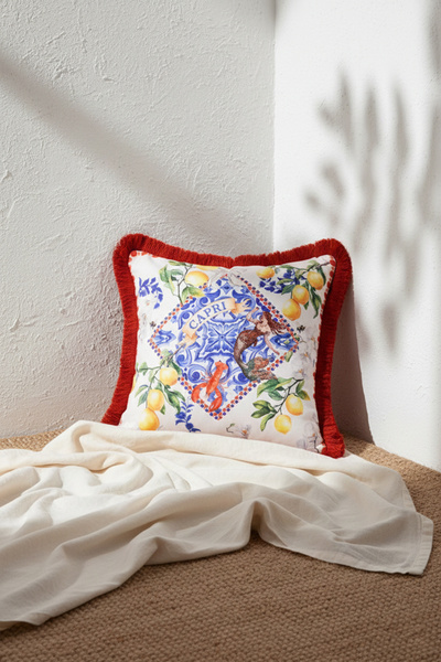 decofav Capri Limonata – Синьо-бяла калъфка за възглавница с кант от кадифе в...