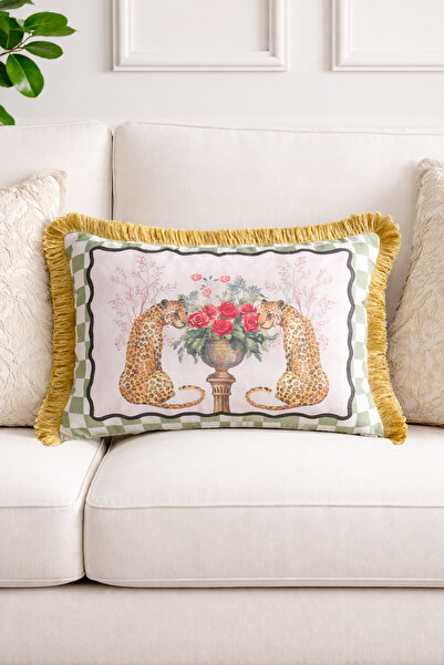 RİTMOHOME Leopar Desenli Püsküllü Vintage, Country, Iskandinav, Bohem 35x50 D...