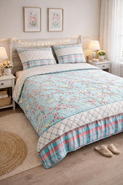 Eponj Home Battal Boy Kapitone Yatak Örtüsü Çok Amaçlı Birdcage Turkuaz