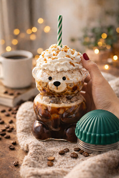 Viyalente Star Bearista Pipetli Cam Soğuk İçecek Bardağı Ayıcıklı Bardak Yeşi...