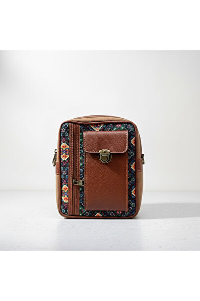 MODA Kadın Deri Detaylı El Yapımı Retro Desenli Telefon Bölmeli Taba Sarı Ask...