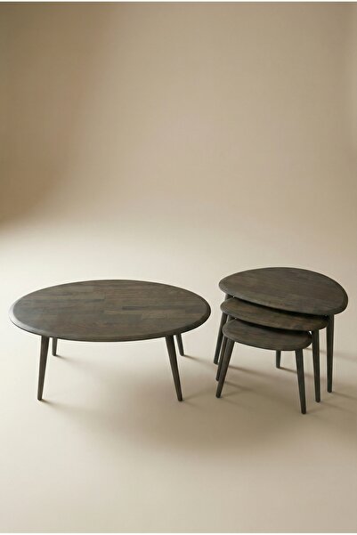 Fawdecor Antrasit Doğal Masif Ahşap Asimetrik Orta Sehpa ve 3’lü Zigon Sehpa ...