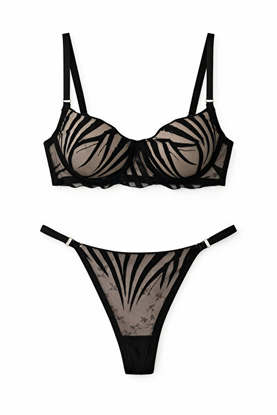 SİLVER MİRROR Σετ σουτιέν εσώρουχο με μοτίβο ζέβρας μαύρο τούλι με λεπτομέρειες