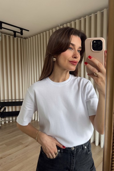 Sue Store Beyaz Bisiklet Yaka Premium Oversize Pamuk T-Shirt