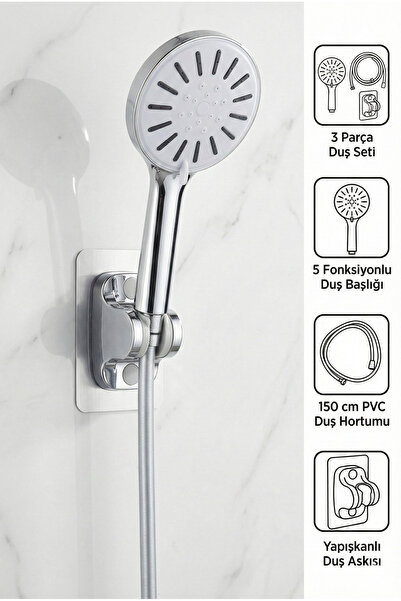 Plodna House Gümüş Gri 5 Fonksiyonlu Duş Başlığı Seti: 150cm Hortum + Yapışka...
