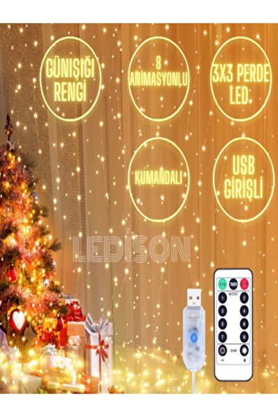 ledison Kumandalı 8 Ayrı Moda Sahip 3mx3m ( 300 Cm X 300 Cm ) Perde Led Tel L...