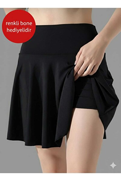 SUERTO SİYAH Kadın Yüksek Bel Şortlu Etek & Spor Etek Esnek Kumaş