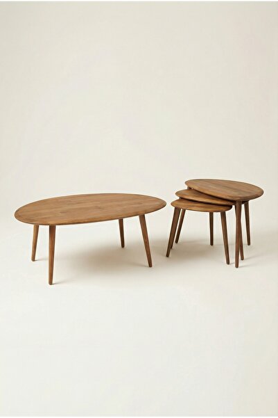 Fawdecor Ceviz Doğal Masif Ahşap Asimetrik Orta Sehpa ve 3’lü Zigon Sehpa Takımı