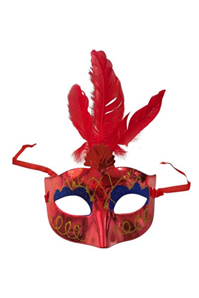 partidolu Kırmızı Renk Tüylü Simli Plastik Parti Maskesi 1 Adet yılbaşı