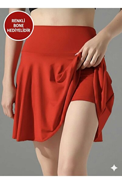 SUERTO KIRMIZI Kadın Yüksek Bel Şortlu Etek & Spor Etek Esnek Kumaş