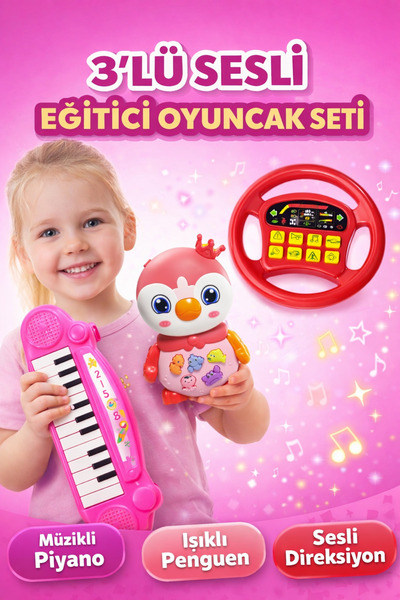 Canland 3’lü Sesli Eğitici Oyuncak Seti | Müzikli Piyano – Işıklı Penguen – S...