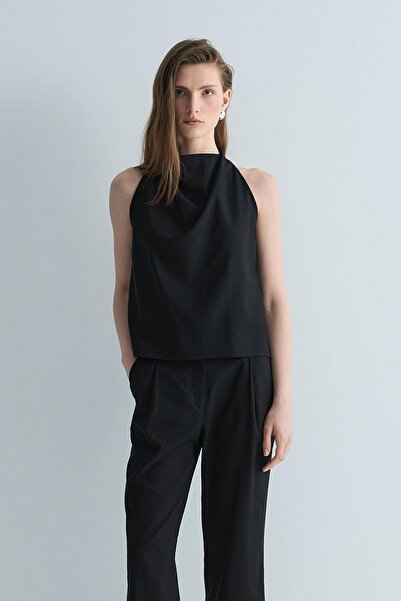 Suud Collection Siyah Gabriel Halter Yaka Keten Bluz