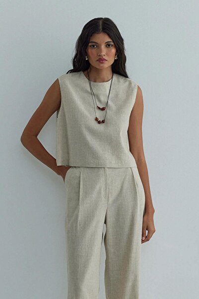 Suud Collection Natürel Lavin Sıfır Kol Keten Bluz