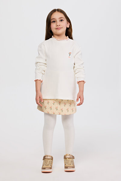 Panço Kız Çocuk Yakası Ve Kol Ucu Dikişli Nakışlı Uzun Kollu Ekru Tişört