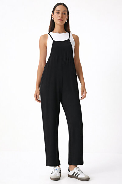 hazelin Kadın Siyah Ayarlanabilir Askılı Cepli Bol Paça Bahçıvan Tulum HZL22S...