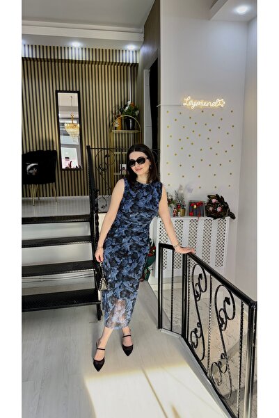 Butik Mavili siyahlı tül elbise uzun drapeli astarlı elbise