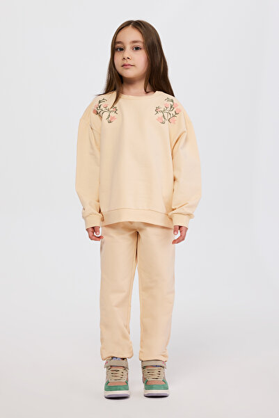 Panço Kız Çocuk Nakış Detaylı Bej Sweatshirt