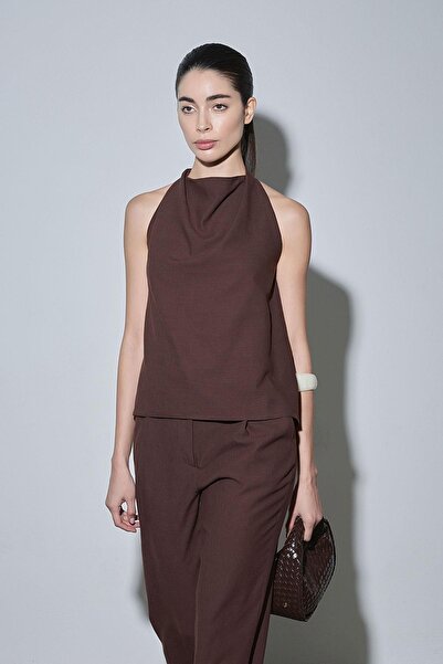 Suud Collection Koyu Kahve Gabriel Halter Yaka Keten Bluz