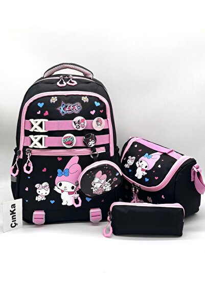 Çınka Bags مجموعة حقيبة ظهر مدرسية للفتيات باللون الأسود مع محفظة وملحقات وحق...