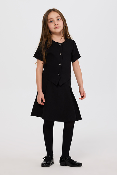 Panço Kız Çocuk Düğme Detaylı Örme Siyah Elbise