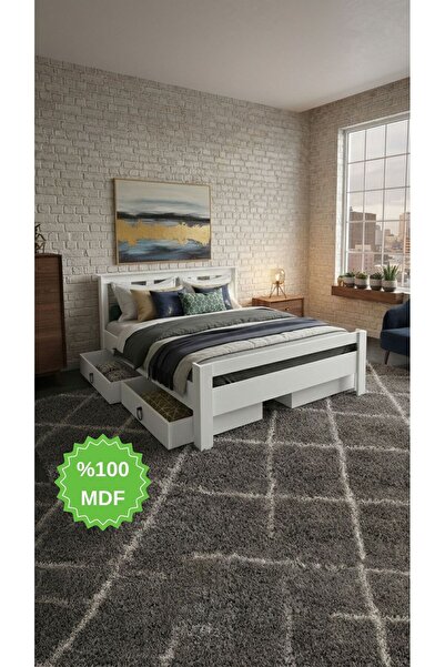 Ninnimo Arya Çift Kişilik 160x200 Yatak Uyumlu Mdf Beyaz Çekmeceli Karyola Ma...