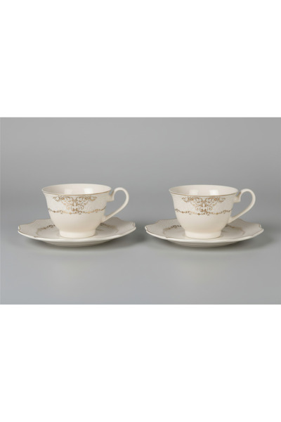İpek Porselen 2'Li Krem Altın Yaldızlı Tuğçe Porselen Çay Fincan Takımı