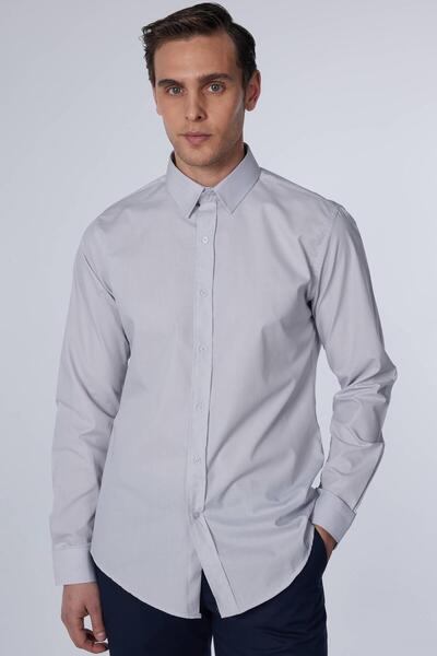 Tudors Erkek Slim Fit Dar Kesim Pamuklu Terry Cotton Kumaş Kolay Ütü Gri Gömlek